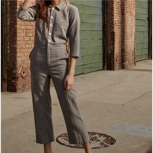 Christy Dawn Painter Jumpsuit Woven Stone Blue Textured Upcycled Crop S USA Made